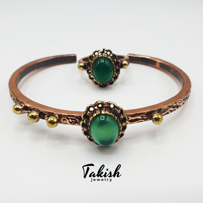 Groene Agaat Steen Koperen Armband en Ring Set - Natuurlijke Edelsteen Sieraden