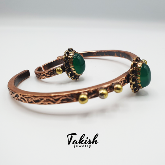 Groene Agaat Steen Koperen Armband en Ring Set - Natuurlijke Edelsteen Sieraden