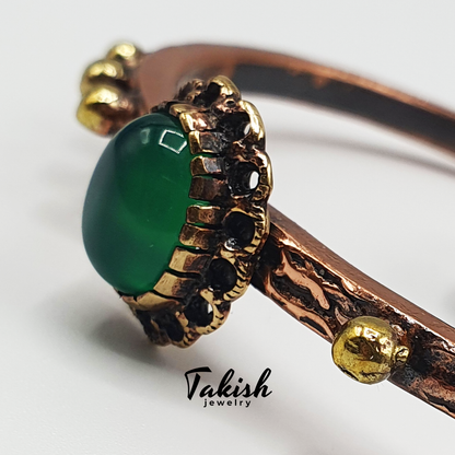 Groene Agaat Steen Koperen Armband en Ring Set - Natuurlijke Edelsteen Sieraden