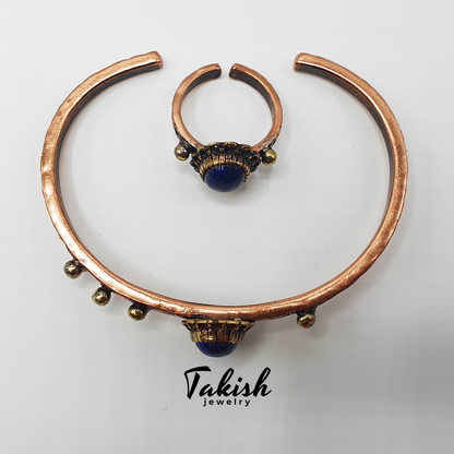 Natuurlijke Koperen Armband en Ring Set met Lapis Lazuli Steen - Origineel Sieraden Ontwerp