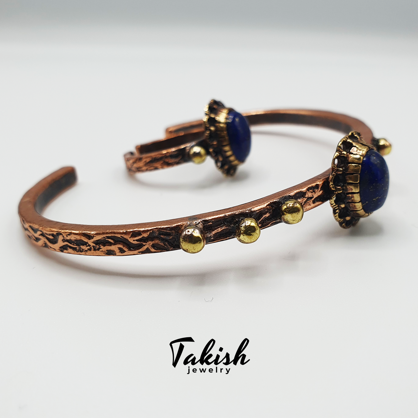 Natuurlijke Koperen Armband en Ring Set met Lapis Lazuli Steen - Origineel Sieraden Ontwerp