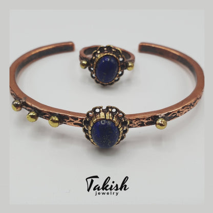 Natuurlijke Koperen Armband en Ring Set met Lapis Lazuli Steen - Origineel Sieraden Ontwerp