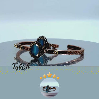 Koperen Armband en Ring met Blauwe Kattenoog Edelsteen - Handgemaakte Natuurlijke Koperen Sieraden